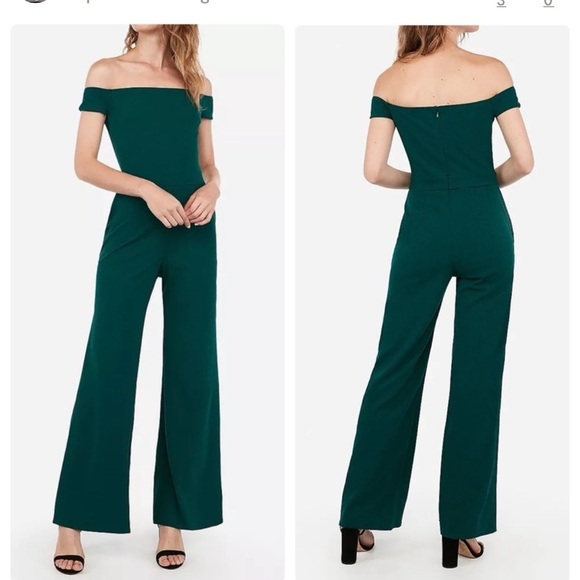 EXPRESS DEEP TEAL OFF THE SHOULDER WIDE LEG JUMPSUIT W/ POCKETS Small - Picture 1 of 3